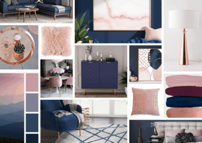 Mid-Century Modern: Opt 1 – Navy & Rose Gold Mood Board