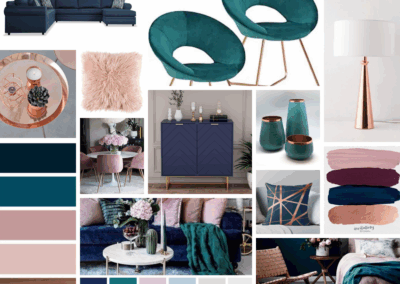 Mid-Century Modern: Opt 2 – Navy, Teal & Rose Gold Mood Board