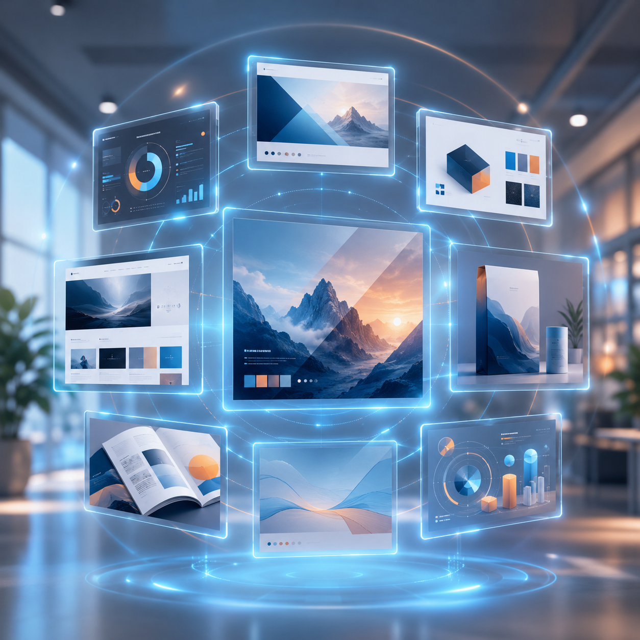Futuristic holographic design showcase in office