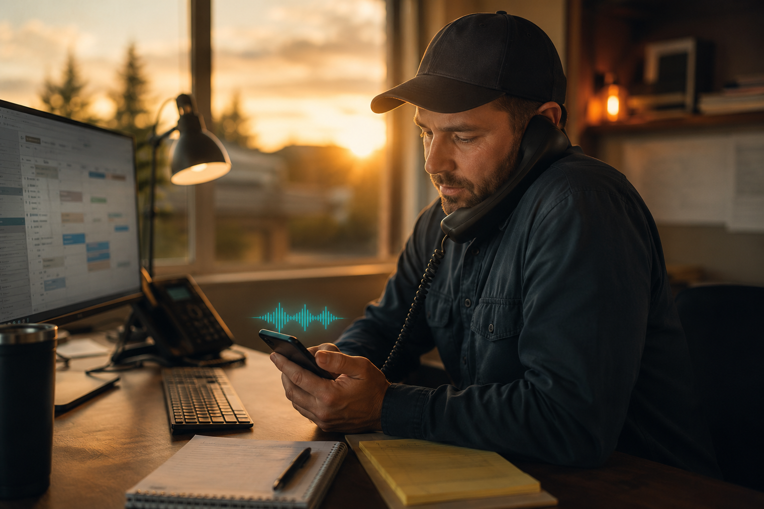 ChatGPT Image Jul 14, 2026, 10_59_18 AM Warm, softly lit dispatch desk scene at golden hour, a tradesperson glancing at a smartphone with a subtle glowing teal waveform overlay mid-call, orange accent light in the background, shallow depth of field, photorealistic, aspirational small-business feel.