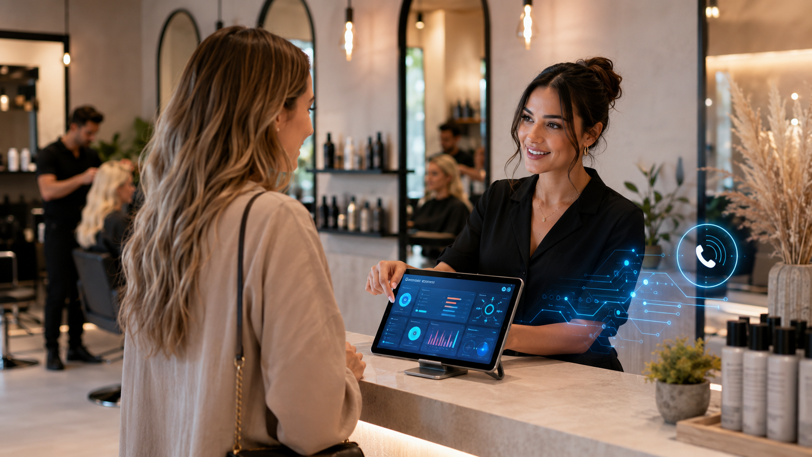 Modern salon reception with digital touch