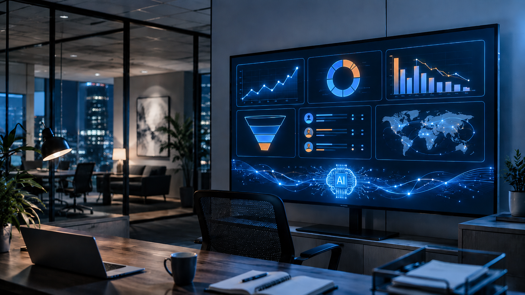 Futuristic AI-powered corporate office at night