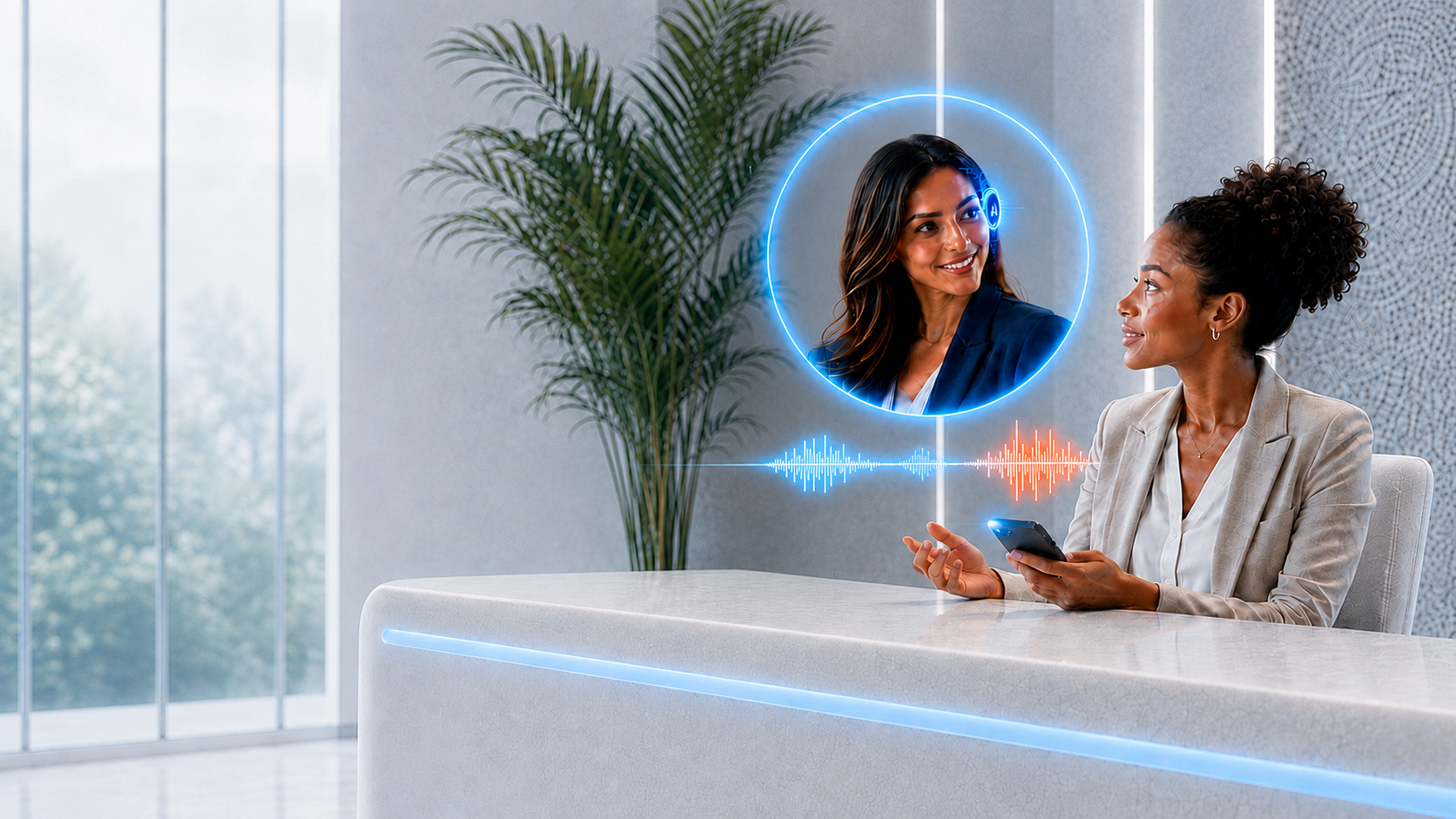 Image of young African American woman sitting at corporate receptionist desk and AI Agent in holographic ring floating above her phone