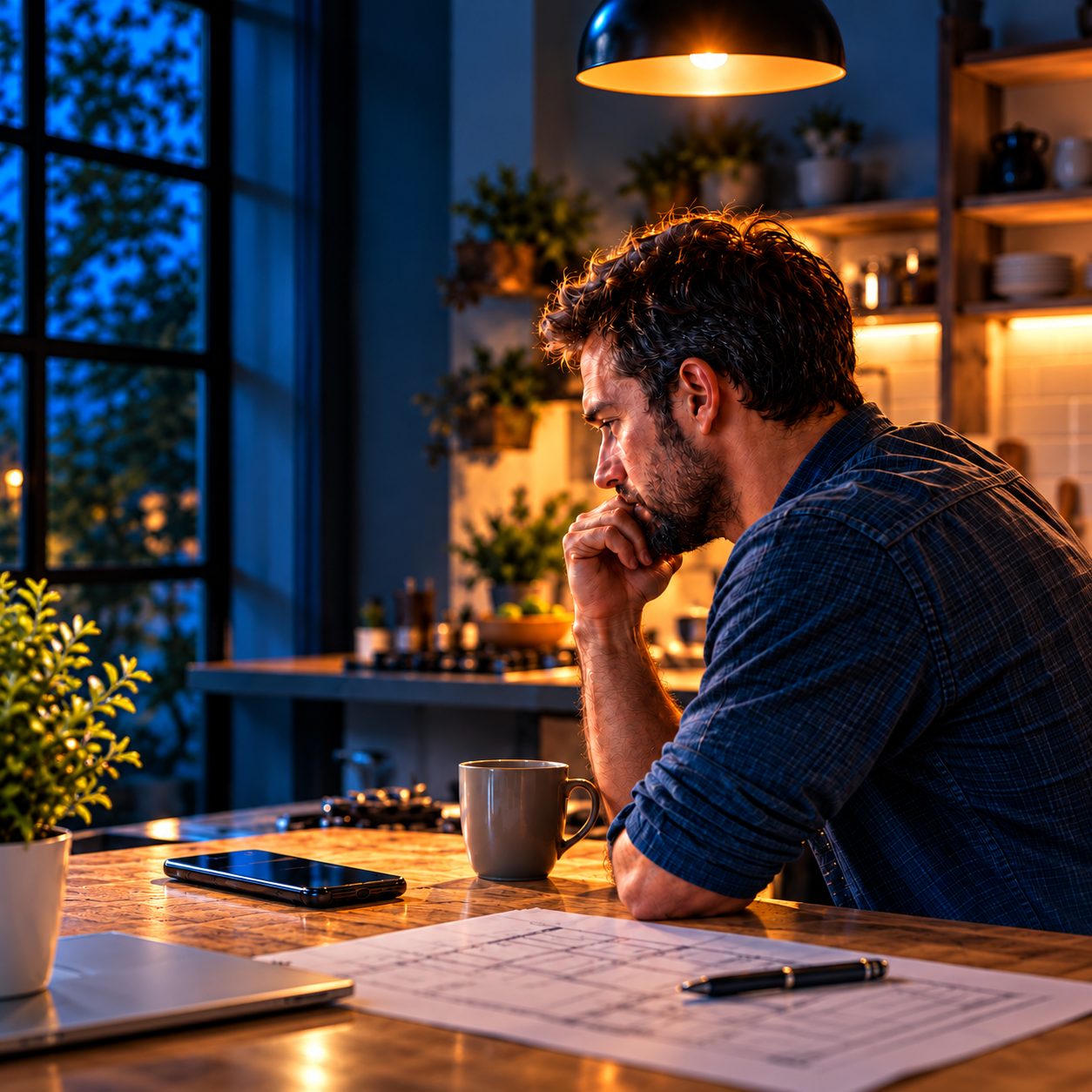 Concerned homeowner waiting at kitchen counter-3