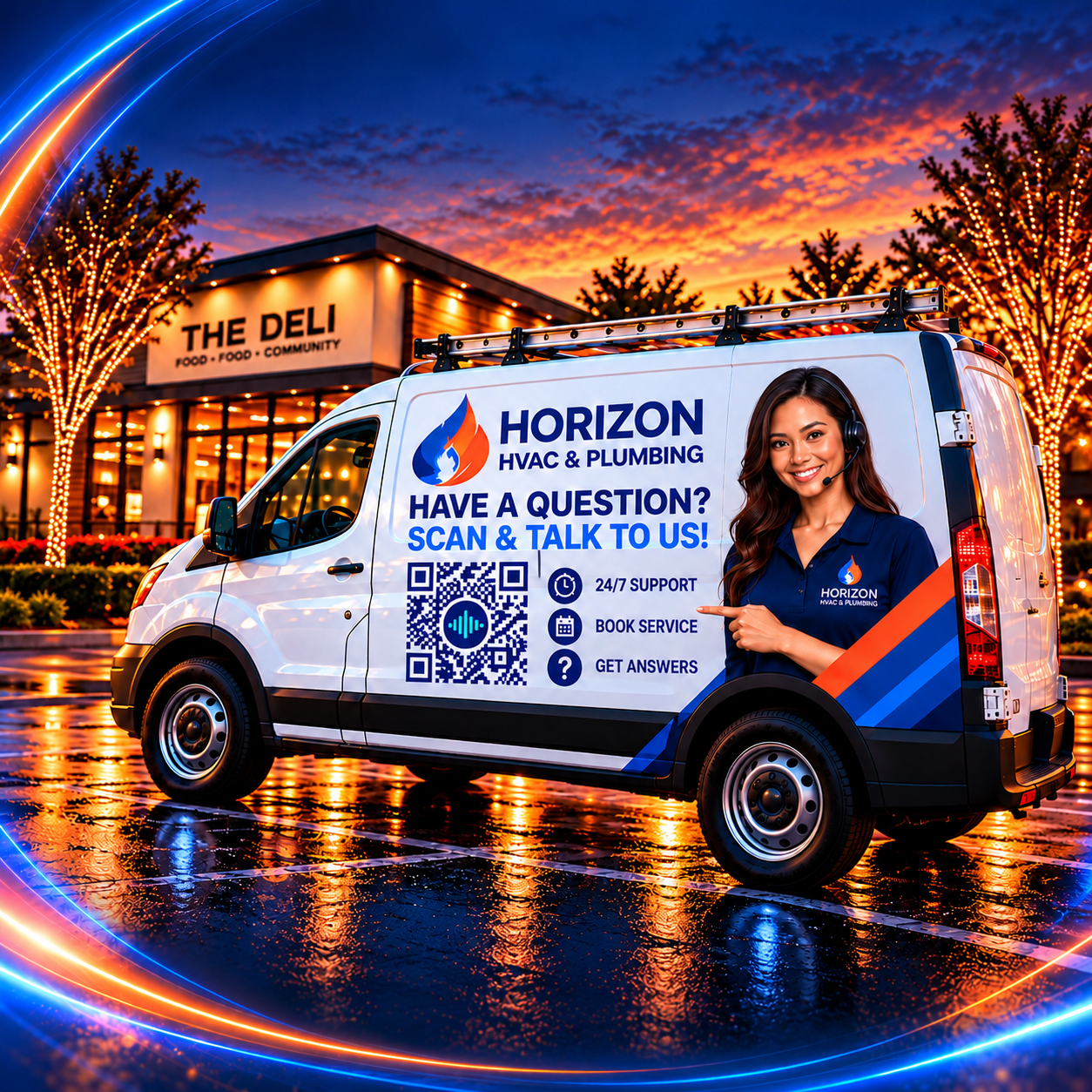 iSpeak CREATIVE 24/7 Vehicle Virtual Receptionist – HVAC Van at Sunset