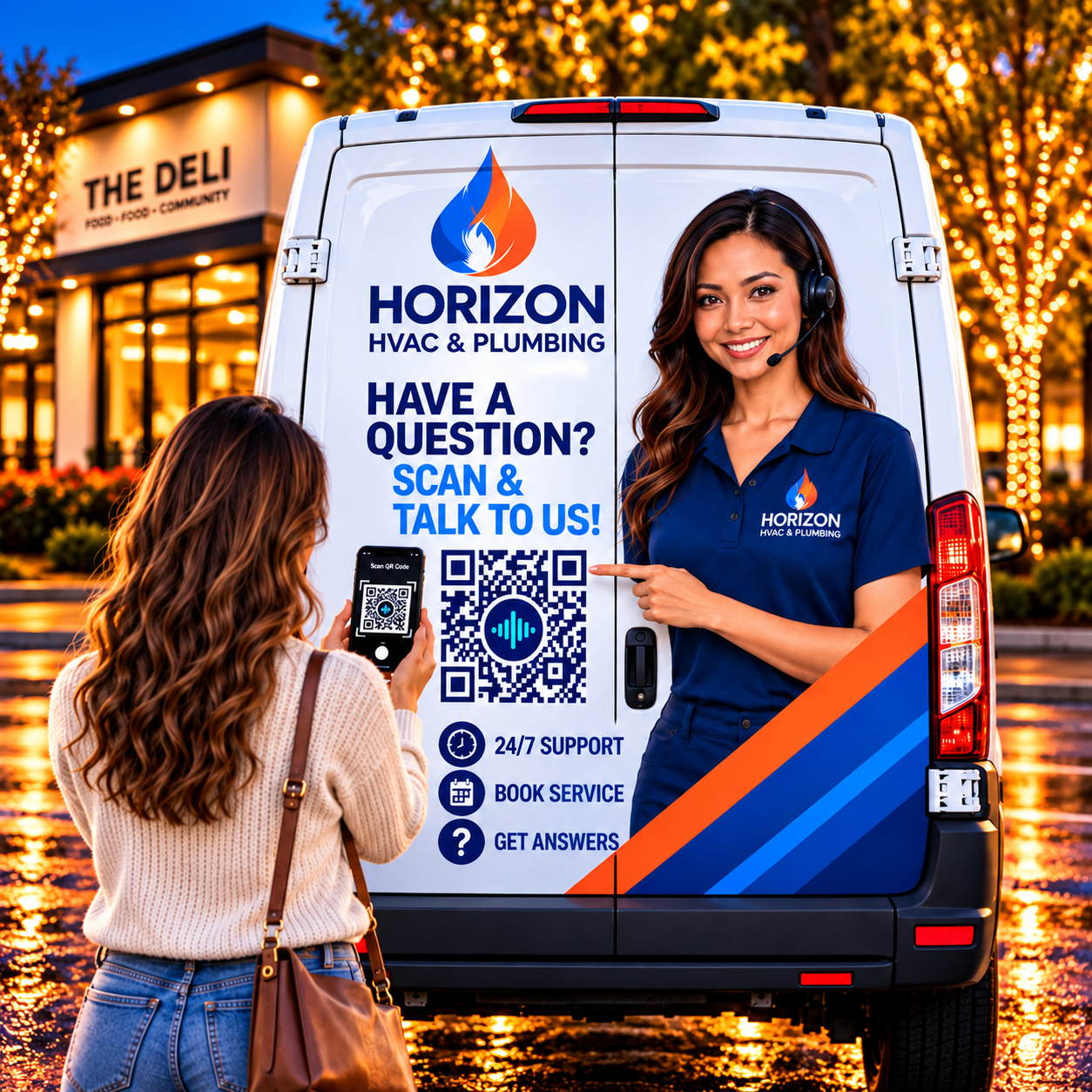 Woman scanning QR code of virtual receptionist on HVAC work vehicle