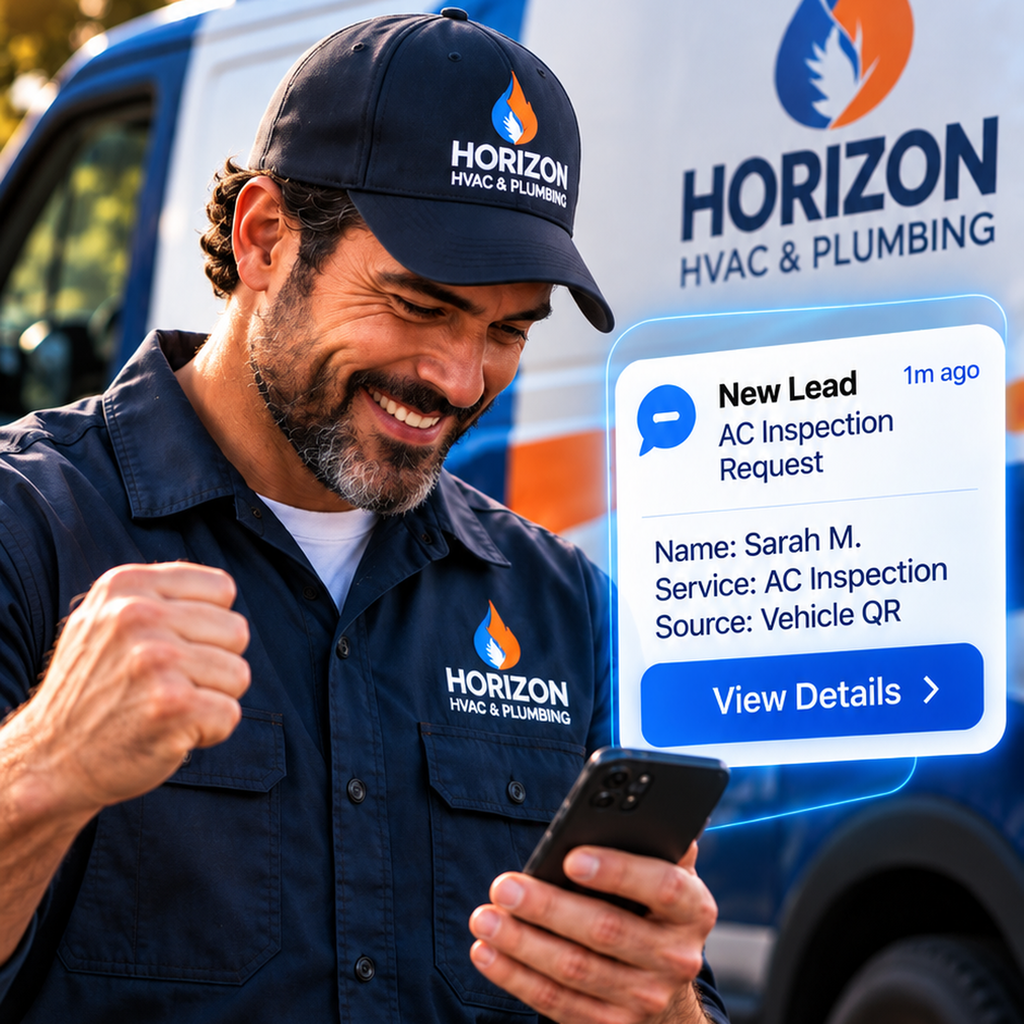 HVAC Contractor receiving an alert that a new lead has booked an appointment from his vehicle Virtual Receptionist QR Code